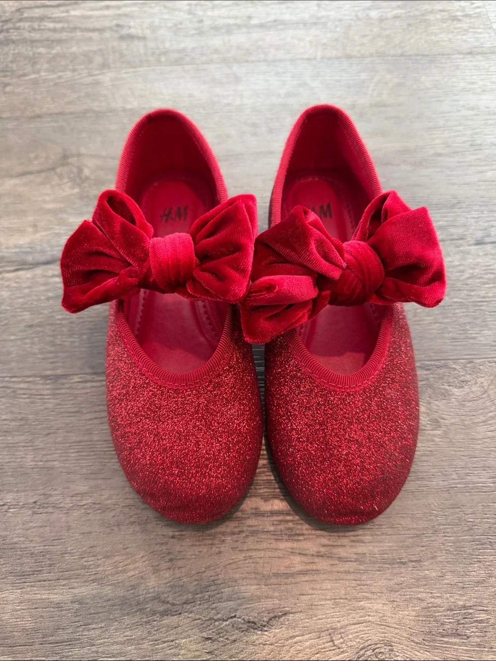 H&M Toddler 11 Red Glitter Velvet Bow Ballet Flats
